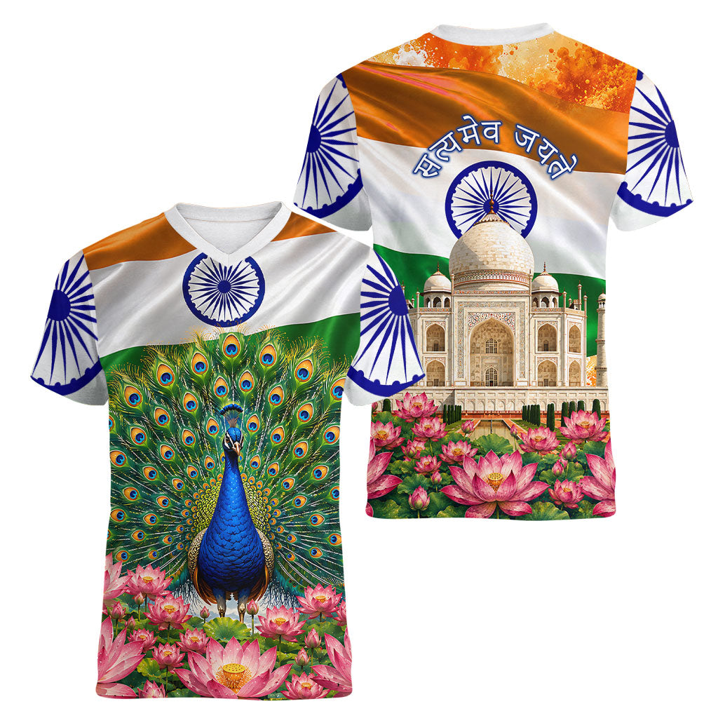 India Flag Peacock Women V-Neck T-Shirt Vibrant Cultural Indian Taj Mahal Lotus