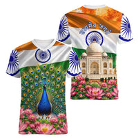India Flag Peacock Women V-Neck T-Shirt Vibrant Cultural Indian Taj Mahal Lotus