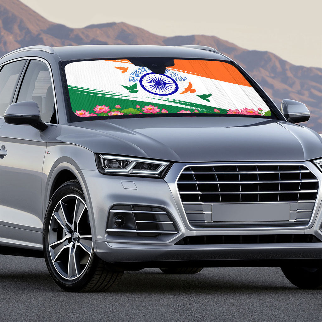 India Flag Auto Sun Shade Jet Flypast Ashoka Chakra Lotus Vibrant Patriotic Tricolor