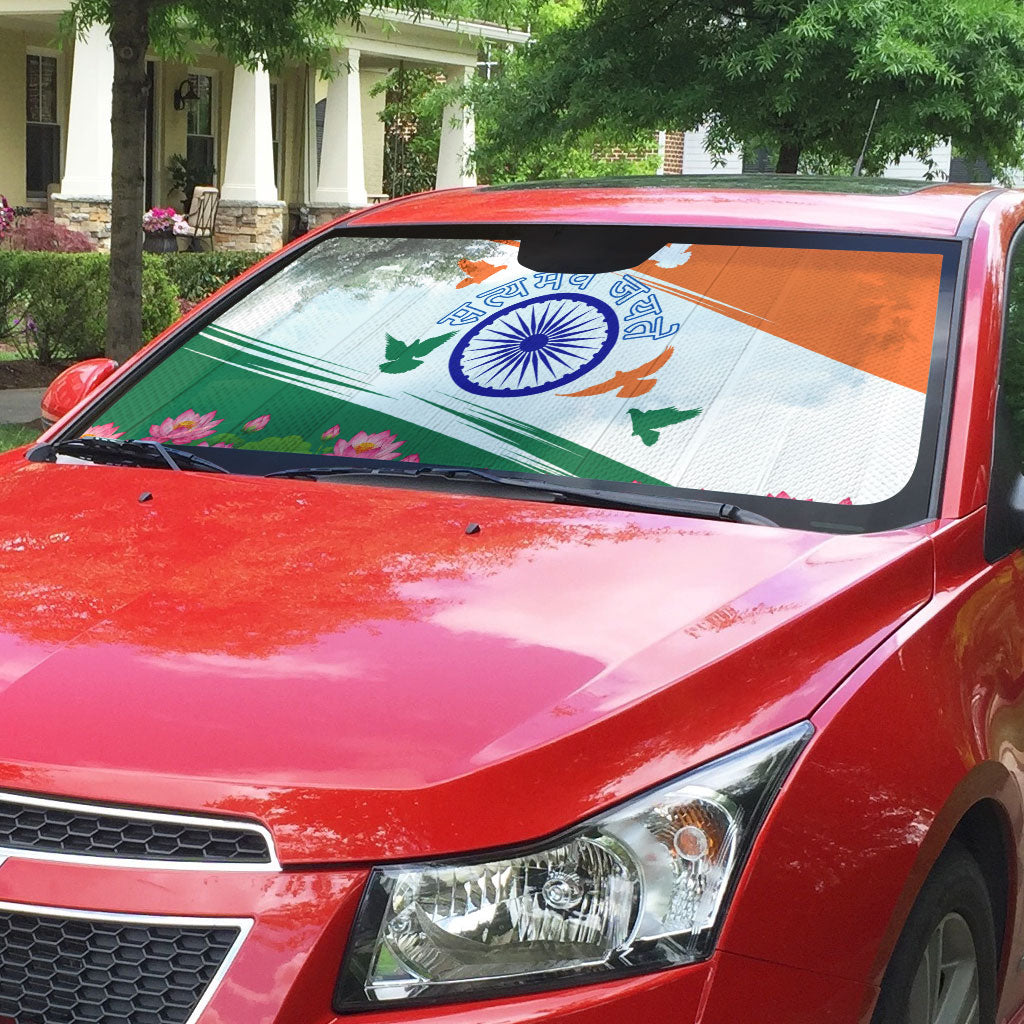 India Flag Auto Sun Shade Jet Flypast Ashoka Chakra Lotus Vibrant Patriotic Tricolor