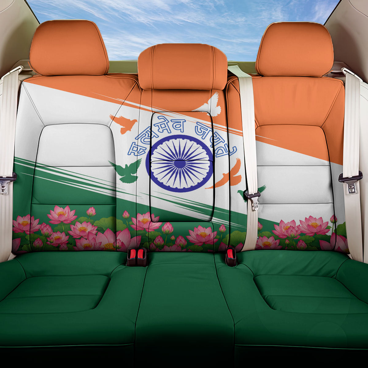 India Flag Back Car Seat Cover Jet Flypast Ashoka Chakra Lotus Vibrant Patriotic Tricolor
