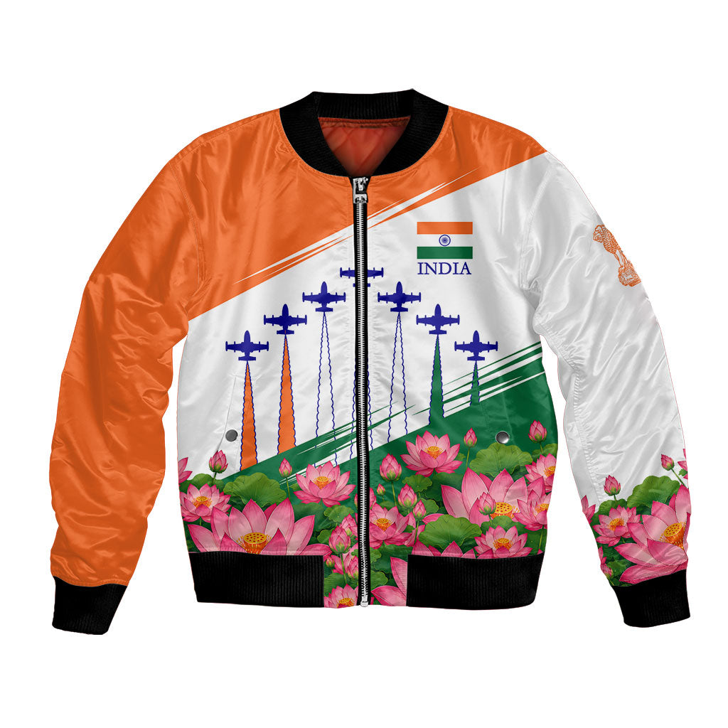 India Flag Bomber Jacket Jet Flypast Ashoka Chakra Lotus Vibrant Patriotic Tricolor