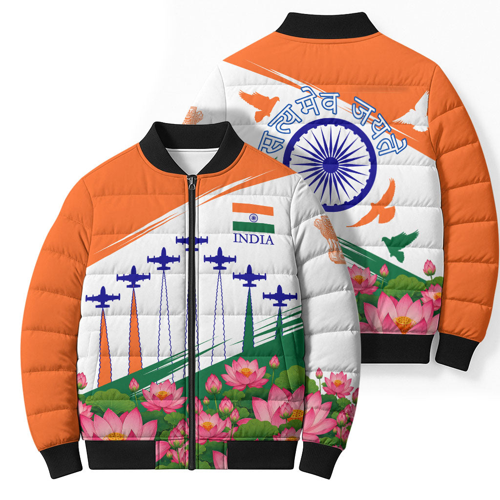India Flag Bomber Puffer Jacket Jet Flypast Ashoka Chakra Lotus Vibrant Patriotic Tricolor