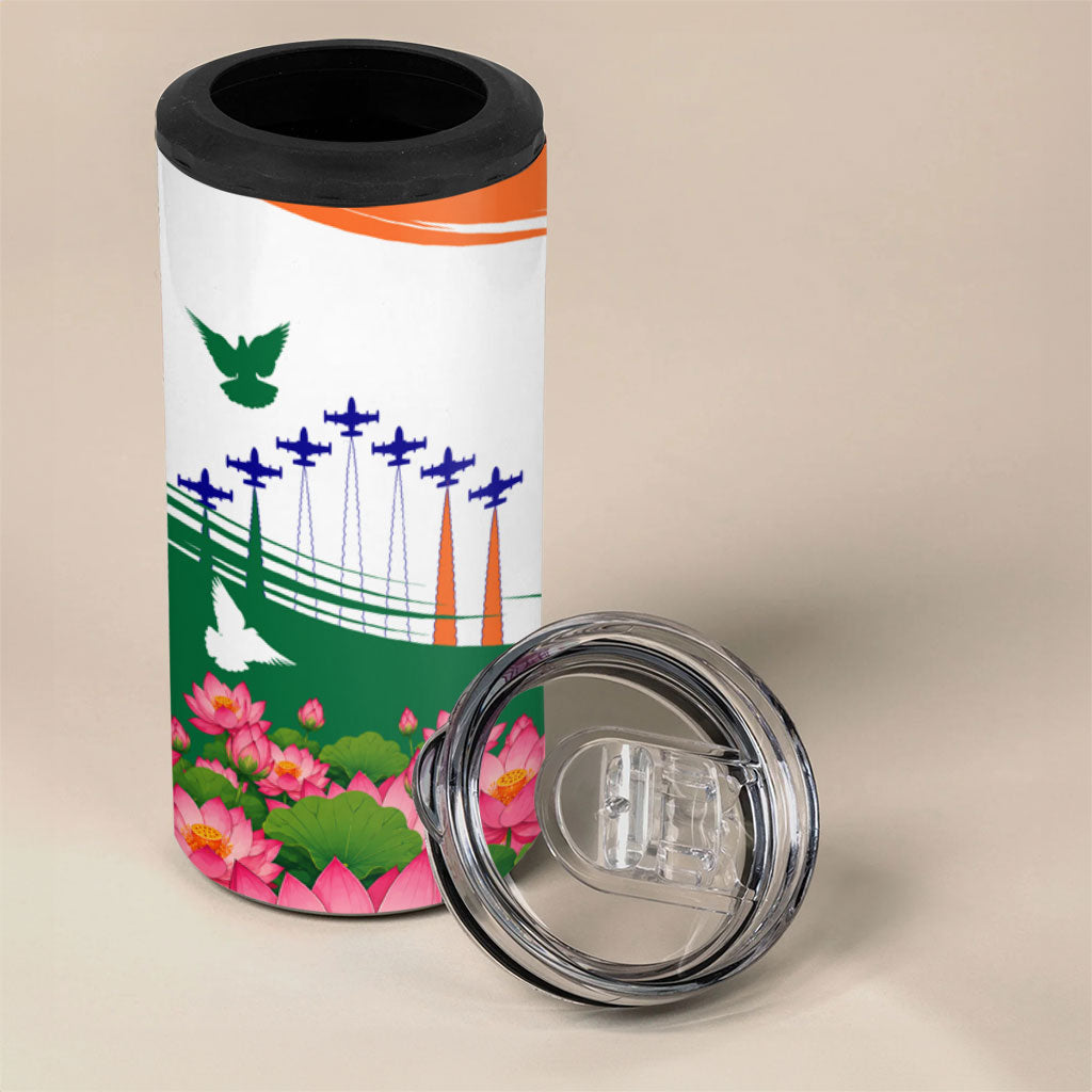 India Flag 4 in 1 Can Cooler Tumbler Jet Flypast Ashoka Chakra Lotus Vibrant Patriotic Tricolor
