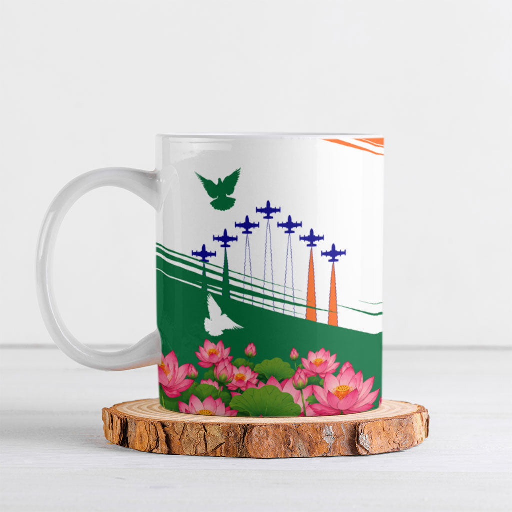 India Flag Ceramic Mug Jet Flypast Ashoka Chakra Lotus Vibrant Patriotic Tricolor