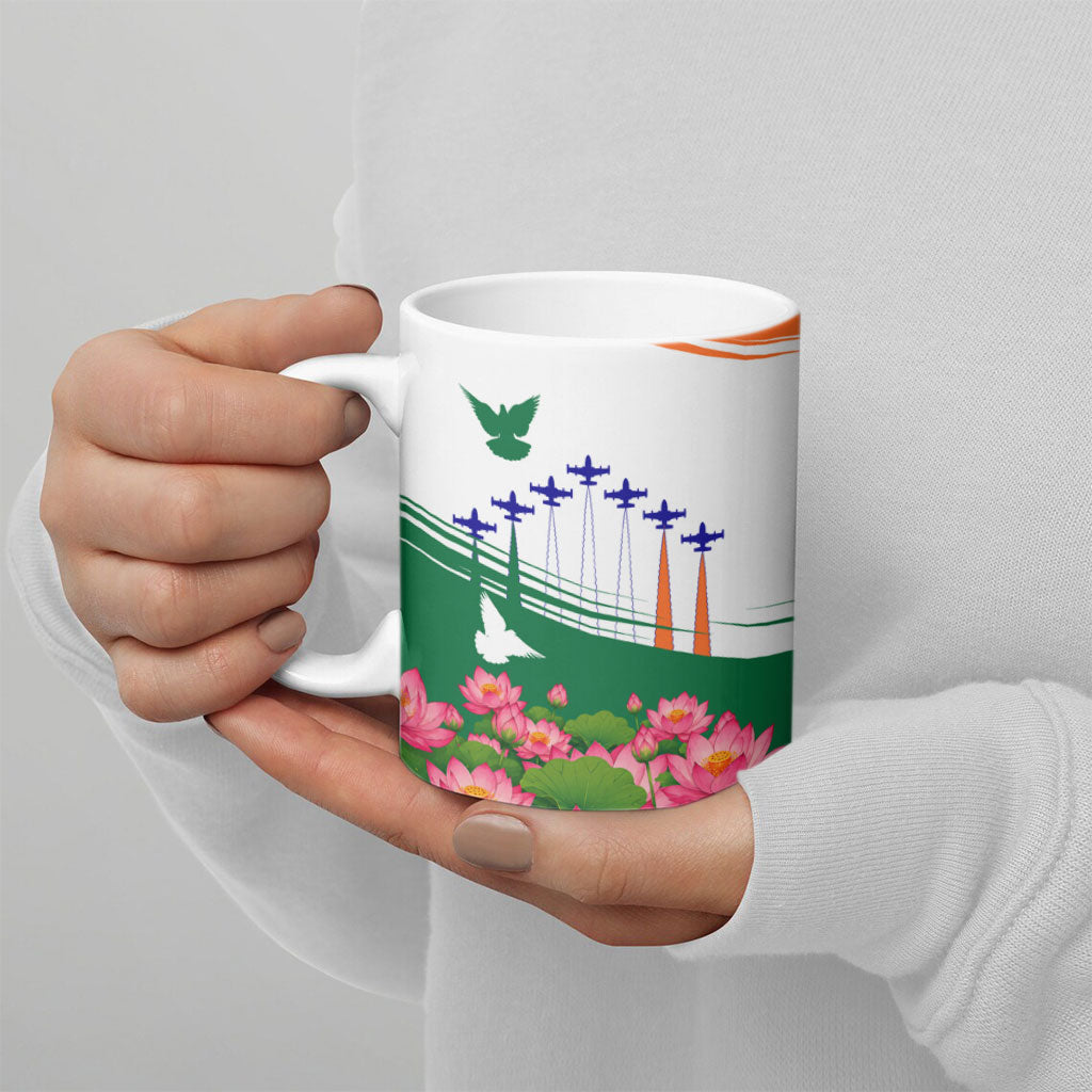 India Flag Ceramic Mug Jet Flypast Ashoka Chakra Lotus Vibrant Patriotic Tricolor
