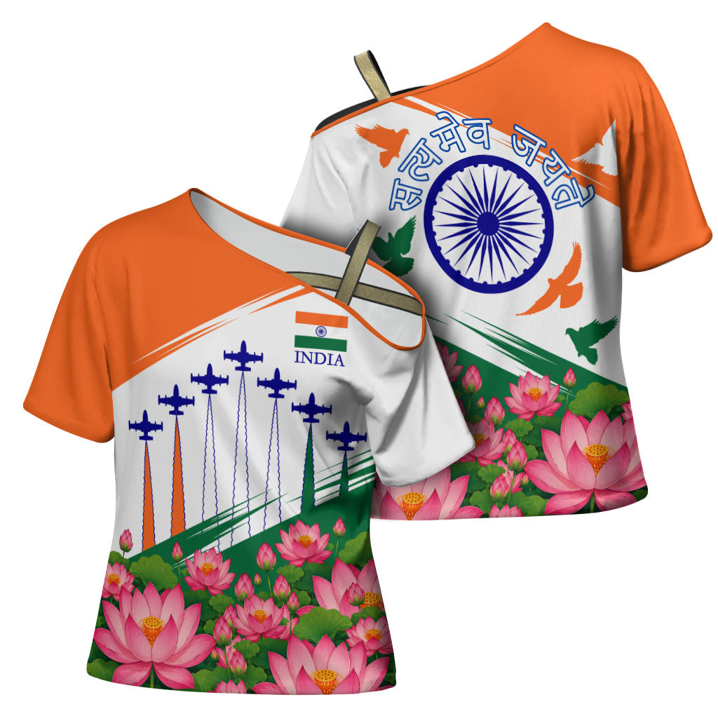 India Flag Cross Shoulder Shirt Jet Flypast Ashoka Chakra Lotus Vibrant Patriotic Tricolor