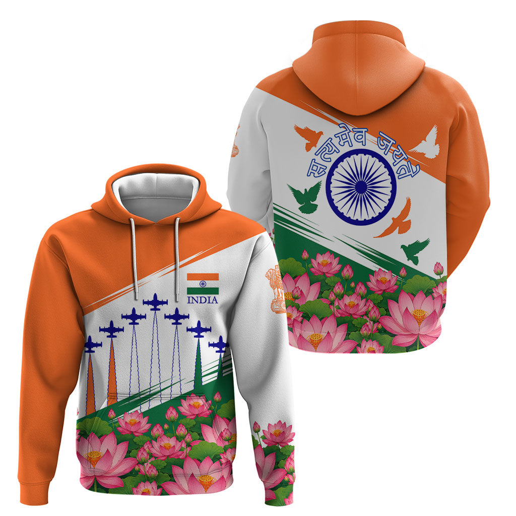India Flag Hoodie Jet Flypast Ashoka Chakra Lotus Vibrant Patriotic Tricolor