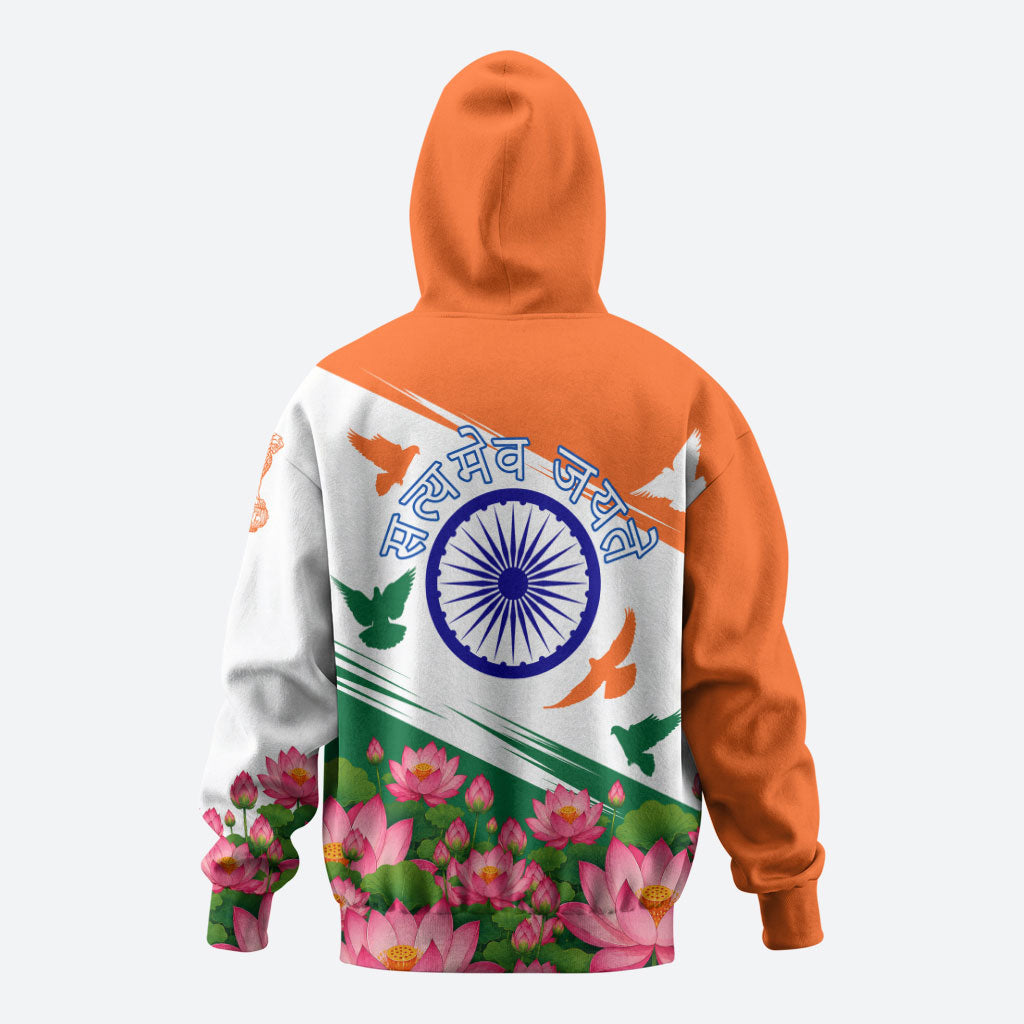 India Flag Hoodie Jet Flypast Ashoka Chakra Lotus Vibrant Patriotic Tricolor
