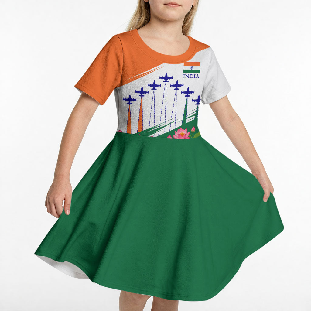 India Flag Kid Short Sleeve Dress Jet Flypast Ashoka Chakra Lotus Vibrant Patriotic Tricolor
