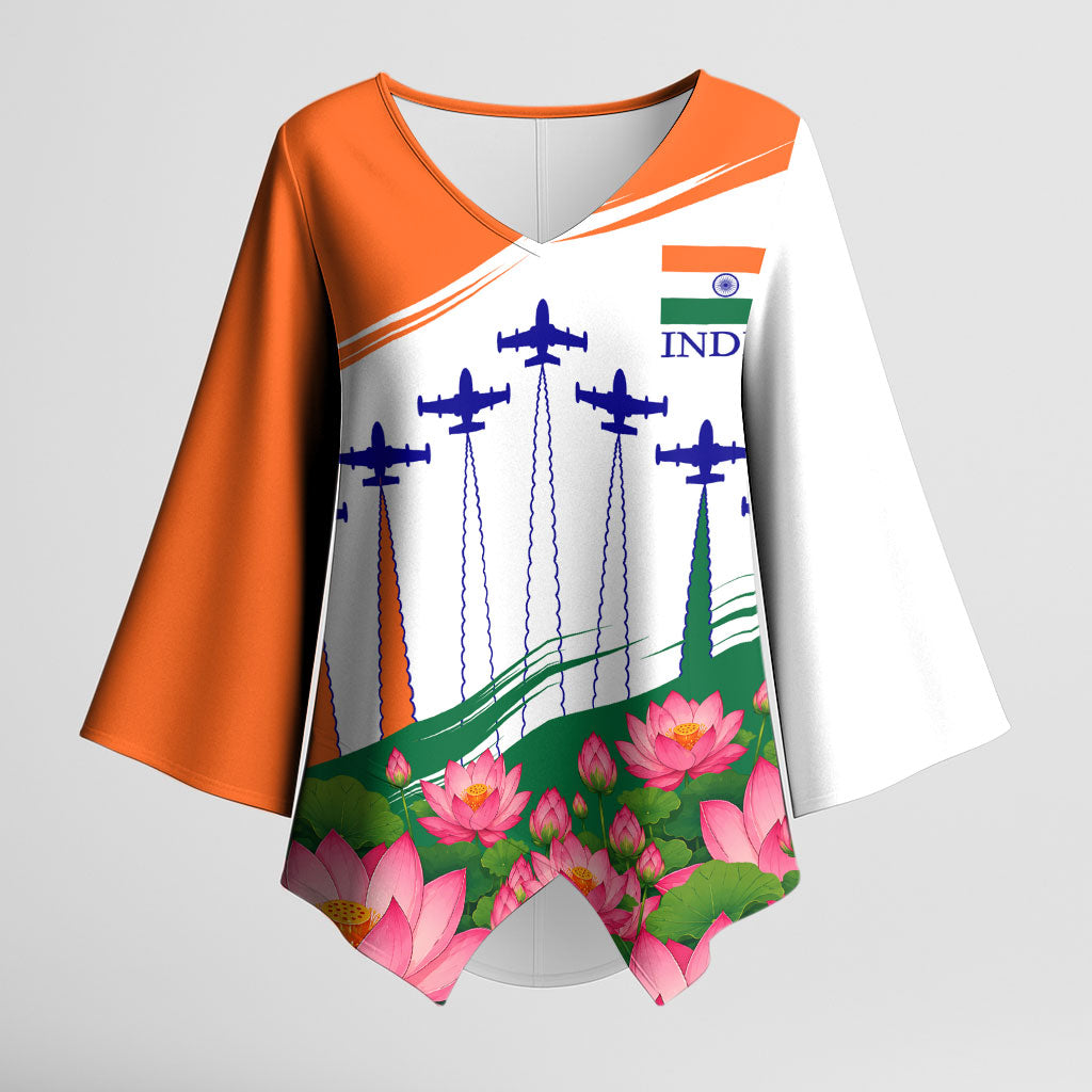 India Flag Kimono Sleeve Blouse Jet Flypast Ashoka Chakra Lotus Vibrant Patriotic Tricolor