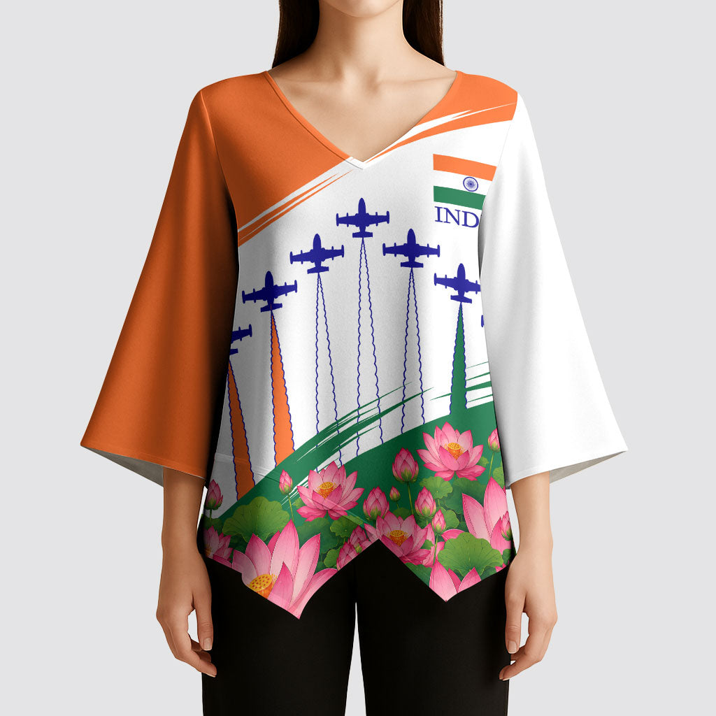 India Flag Kimono Sleeve Blouse Jet Flypast Ashoka Chakra Lotus Vibrant Patriotic Tricolor