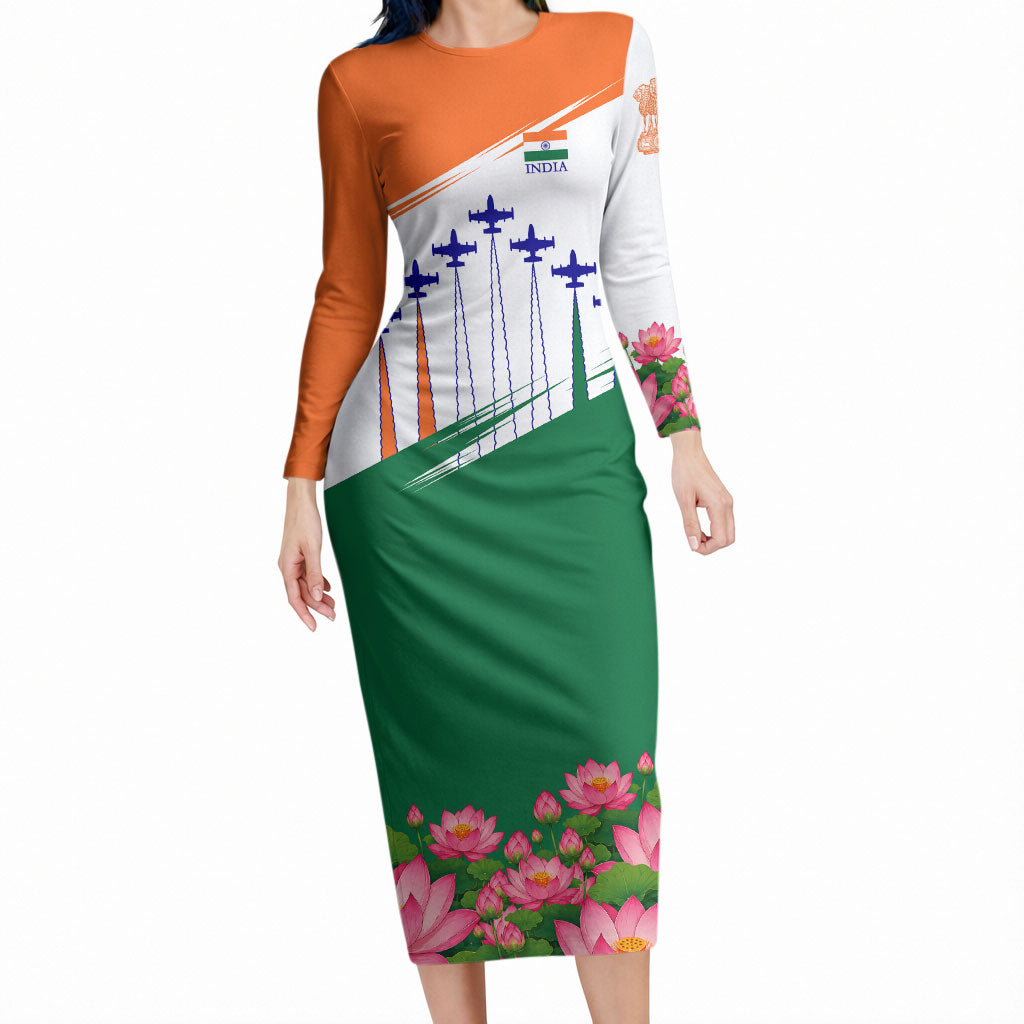 India Flag Long Sleeve Bodycon Dress Jet Flypast Ashoka Chakra Lotus Vibrant Patriotic Tricolor