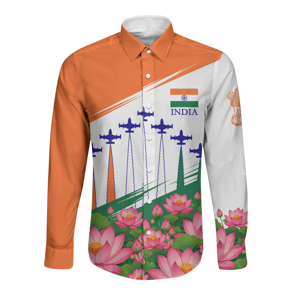 India Flag Long Sleeve Button Shirt Jet Flypast Ashoka Chakra Lotus Vibrant Patriotic Tricolor