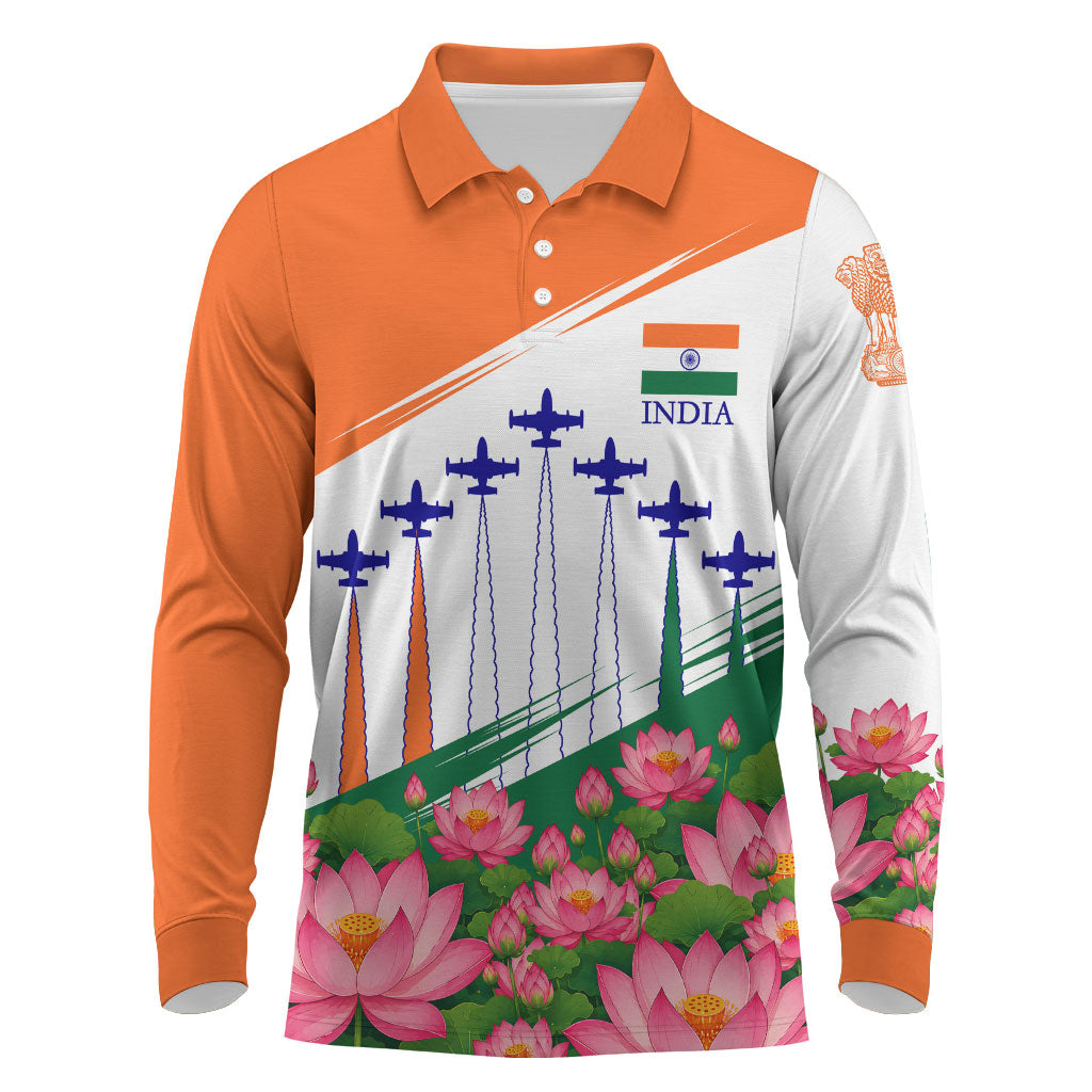 India Flag Long Sleeve Polo Shirt Jet Flypast Ashoka Chakra Lotus Vibrant Patriotic Tricolor