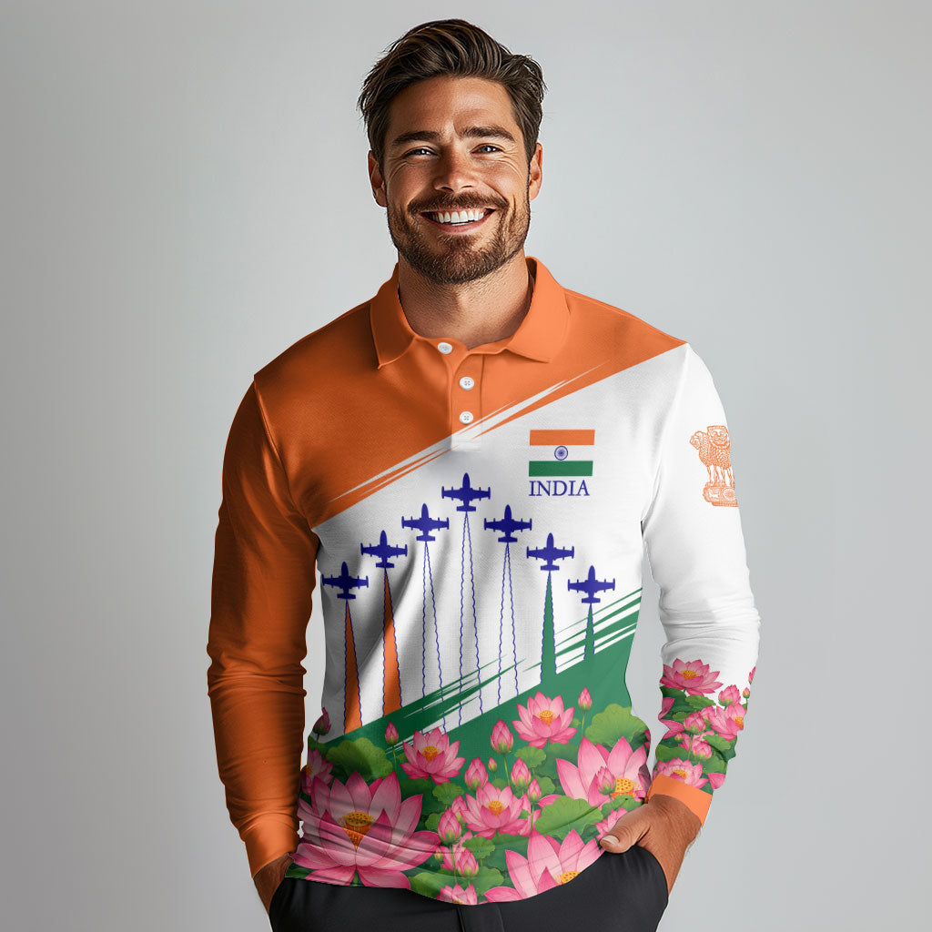 India Flag Long Sleeve Polo Shirt Jet Flypast Ashoka Chakra Lotus Vibrant Patriotic Tricolor