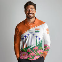 India Flag Long Sleeve Polo Shirt Jet Flypast Ashoka Chakra Lotus Vibrant Patriotic Tricolor