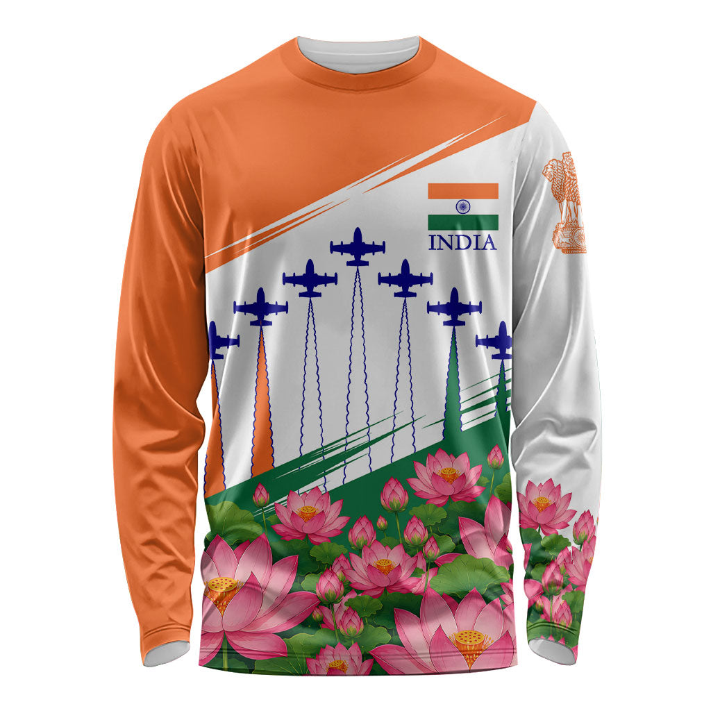 India Flag Long Sleeve Shirt Jet Flypast Ashoka Chakra Lotus Vibrant Patriotic Tricolor
