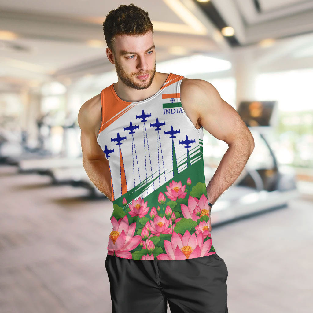 India Flag Men Tank Top Jet Flypast Ashoka Chakra Lotus Vibrant Patriotic Tricolor