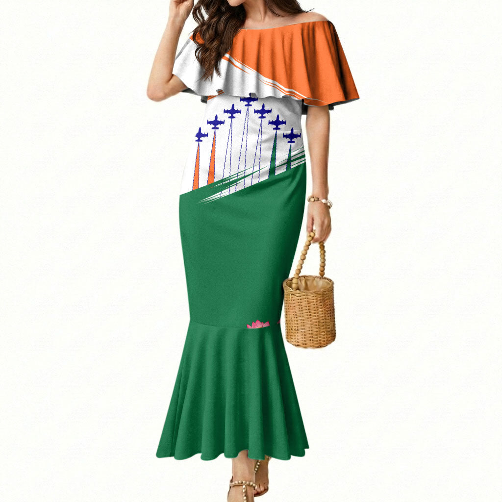 India Flag Mermaid Dress Jet Flypast Ashoka Chakra Lotus Vibrant Patriotic Tricolor