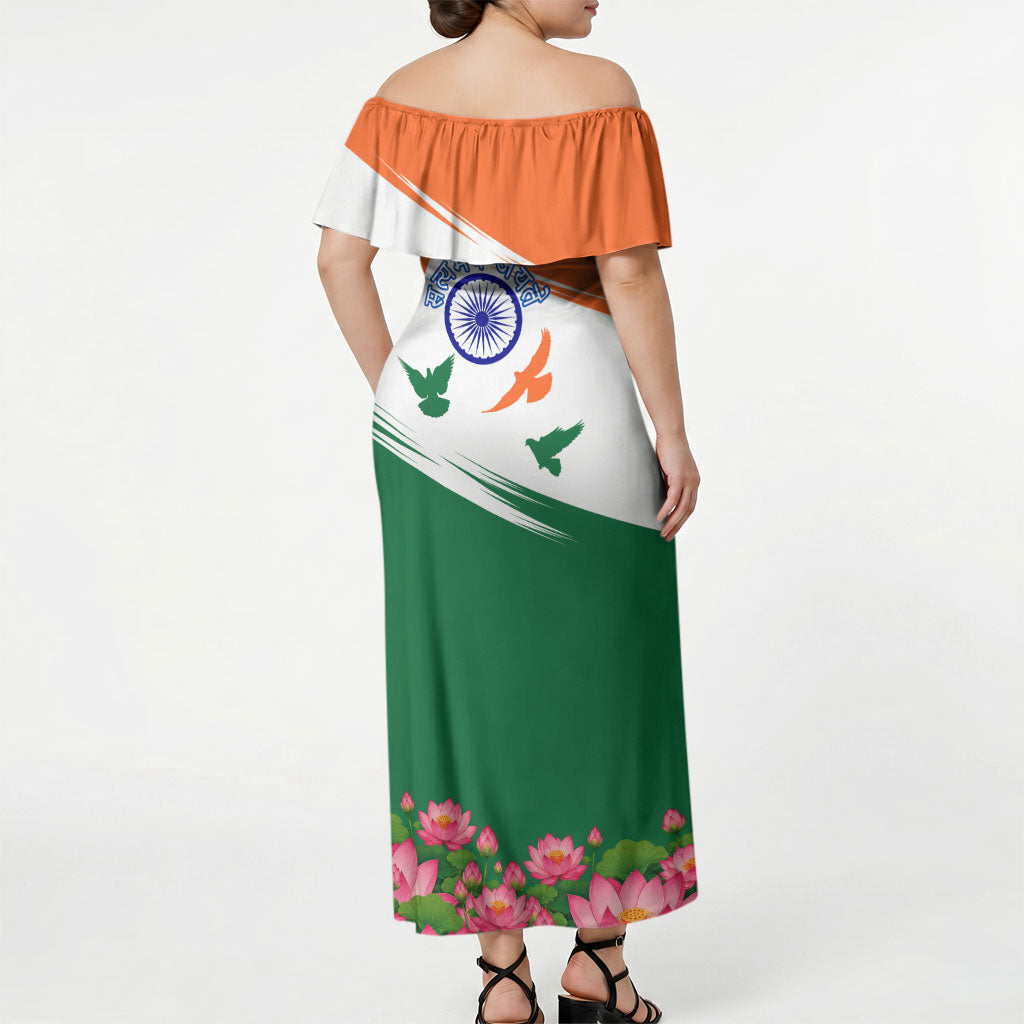 India Flag Off Shoulder Maxi Dress Jet Flypast Ashoka Chakra Lotus Vibrant Patriotic Tricolor