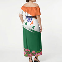 India Flag Off Shoulder Maxi Dress Jet Flypast Ashoka Chakra Lotus Vibrant Patriotic Tricolor