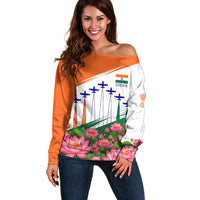 India Flag Off Shoulder Sweater Jet Flypast Ashoka Chakra Lotus Vibrant Patriotic Tricolor