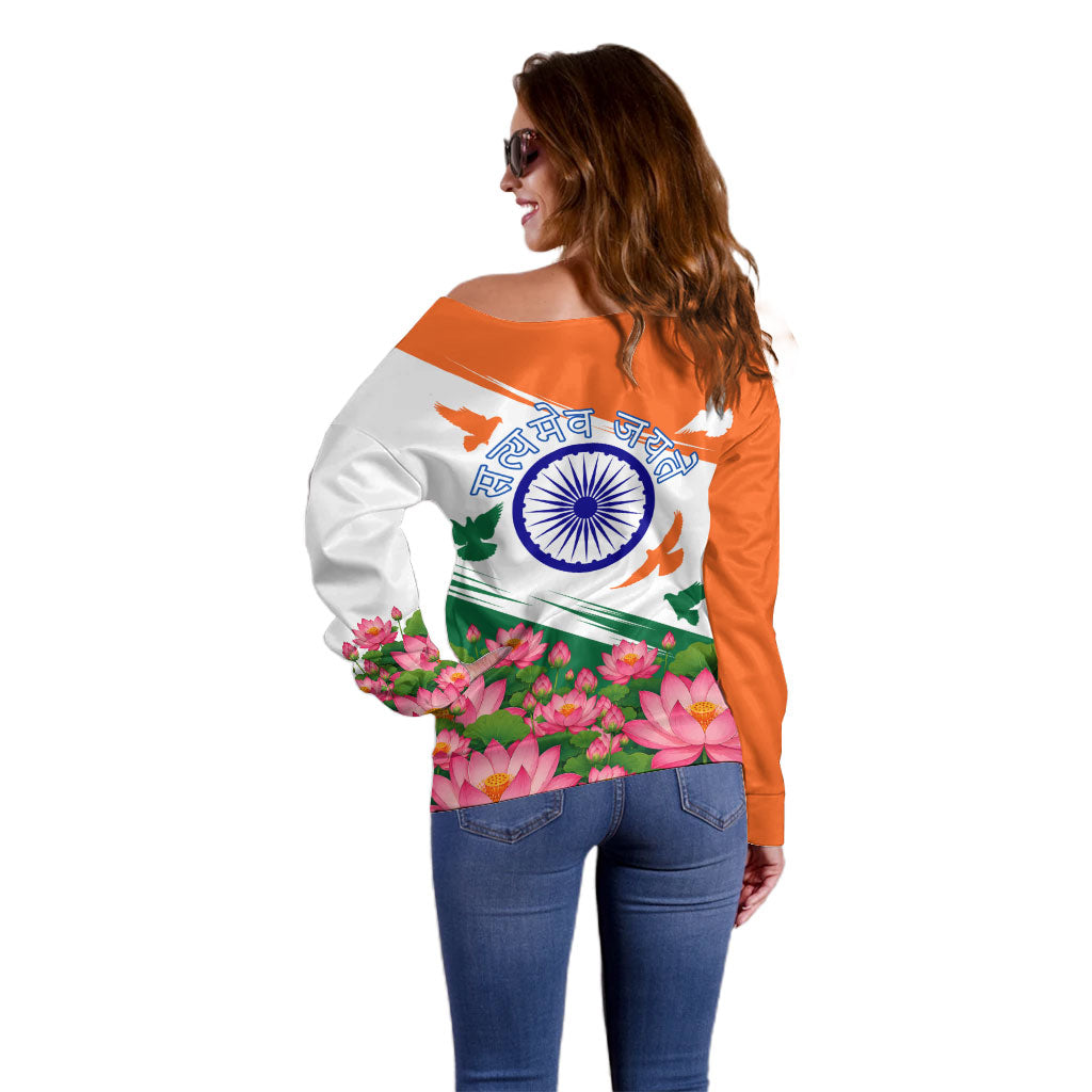 India Flag Off Shoulder Sweater Jet Flypast Ashoka Chakra Lotus Vibrant Patriotic Tricolor