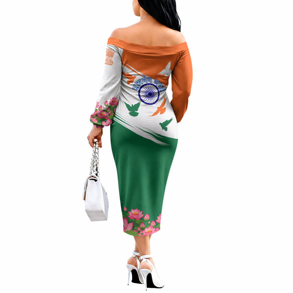 India Flag Off The Shoulder Long Sleeve Dress Jet Flypast Ashoka Chakra Lotus Vibrant Patriotic Tricolor