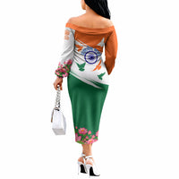 India Flag Off The Shoulder Long Sleeve Dress Jet Flypast Ashoka Chakra Lotus Vibrant Patriotic Tricolor