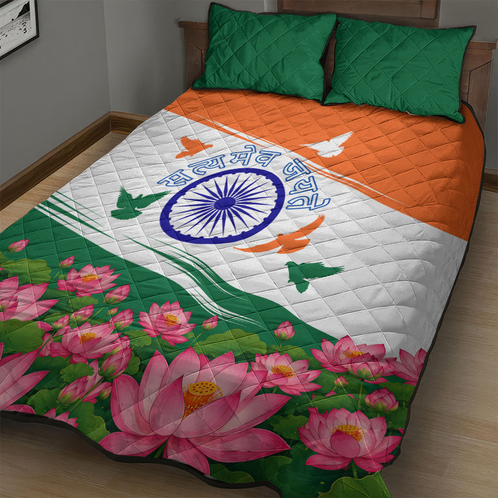 India Flag Quilt Bed Set Jet Flypast Ashoka Chakra Lotus Vibrant Patriotic Tricolor