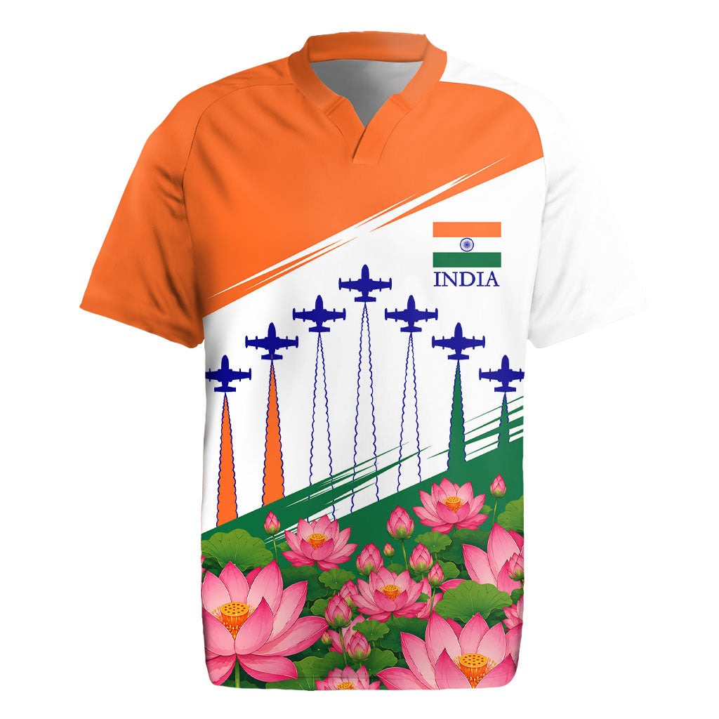 India Flag Rugby Jersey Jet Flypast Ashoka Chakra Lotus Vibrant Patriotic Tricolor
