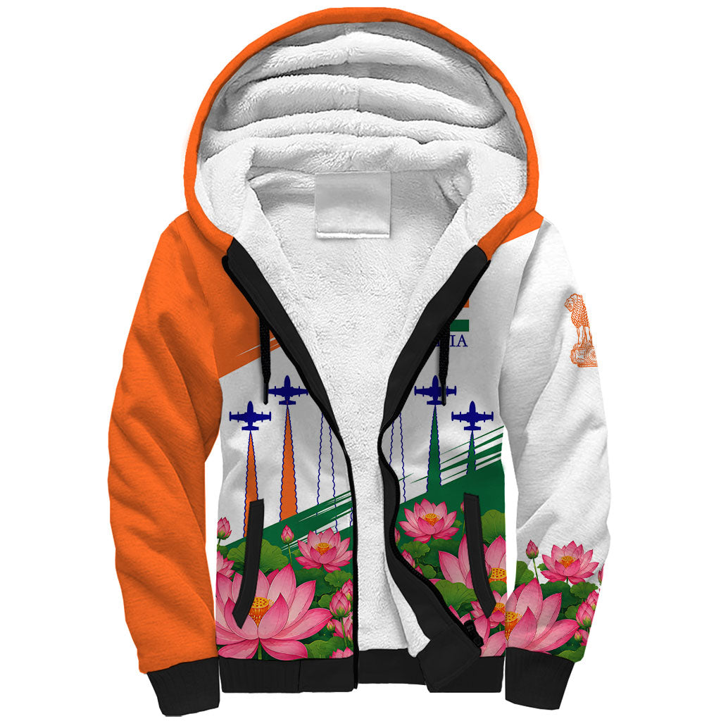India Flag Sherpa Hoodie Jet Flypast Ashoka Chakra Lotus Vibrant Patriotic Tricolor