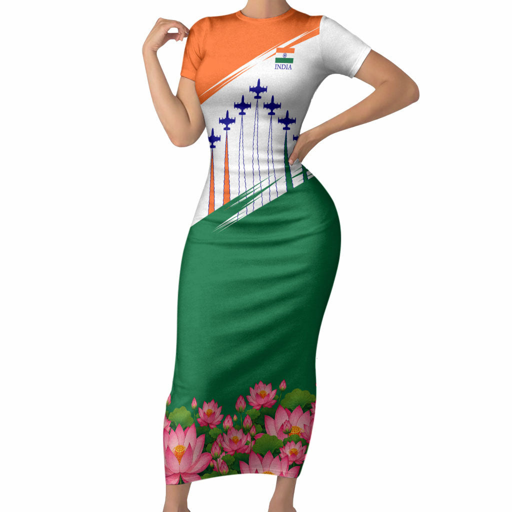 India Flag Short Sleeve Bodycon Dress Jet Flypast Ashoka Chakra Lotus Vibrant Patriotic Tricolor