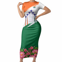 India Flag Short Sleeve Bodycon Dress Jet Flypast Ashoka Chakra Lotus Vibrant Patriotic Tricolor