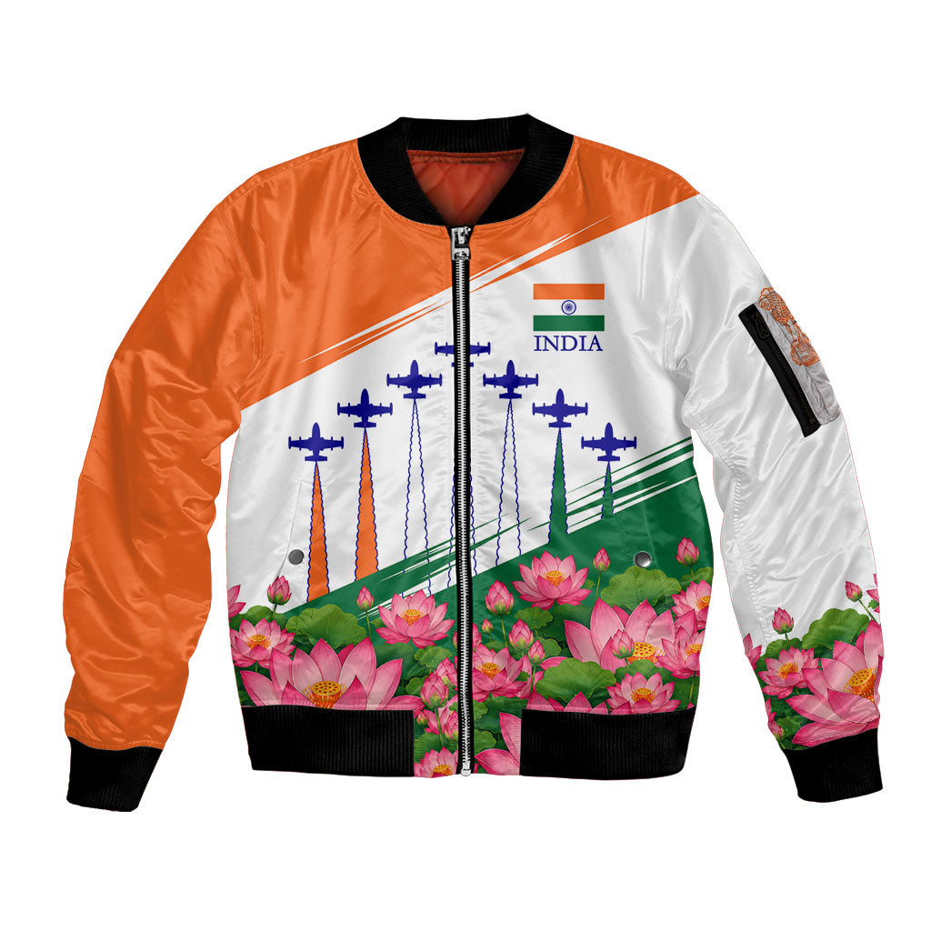 India Flag Sleeve Zip Bomber Jacket Jet Flypast Ashoka Chakra Lotus Vibrant Patriotic Tricolor