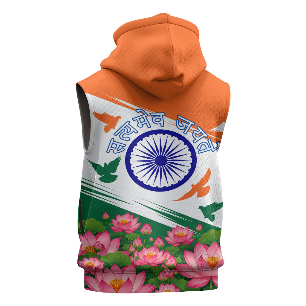 India Flag Sleeveless Hoodie Jet Flypast Ashoka Chakra Lotus Vibrant Patriotic Tricolor