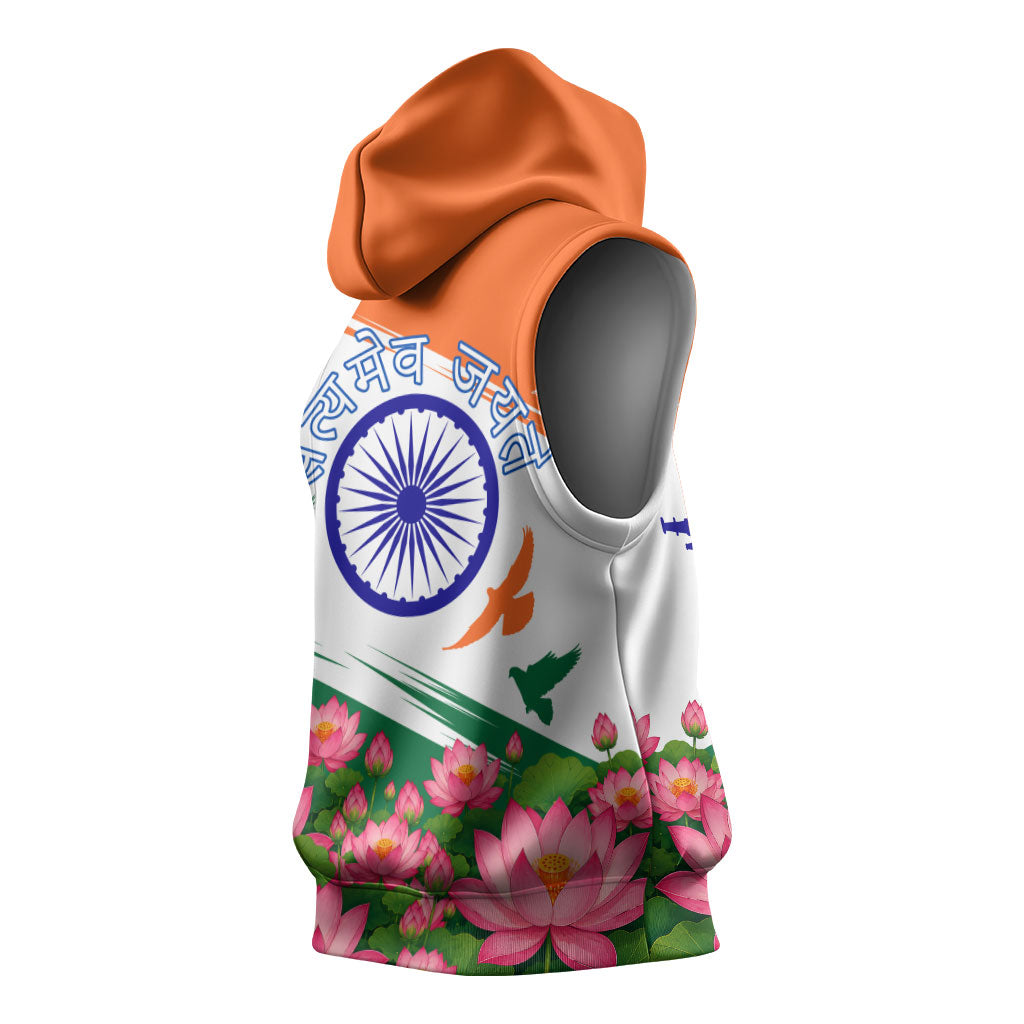 India Flag Sleeveless Hoodie Jet Flypast Ashoka Chakra Lotus Vibrant Patriotic Tricolor