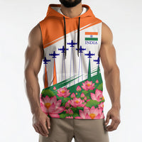 India Flag Sleeveless Hoodie Jet Flypast Ashoka Chakra Lotus Vibrant Patriotic Tricolor