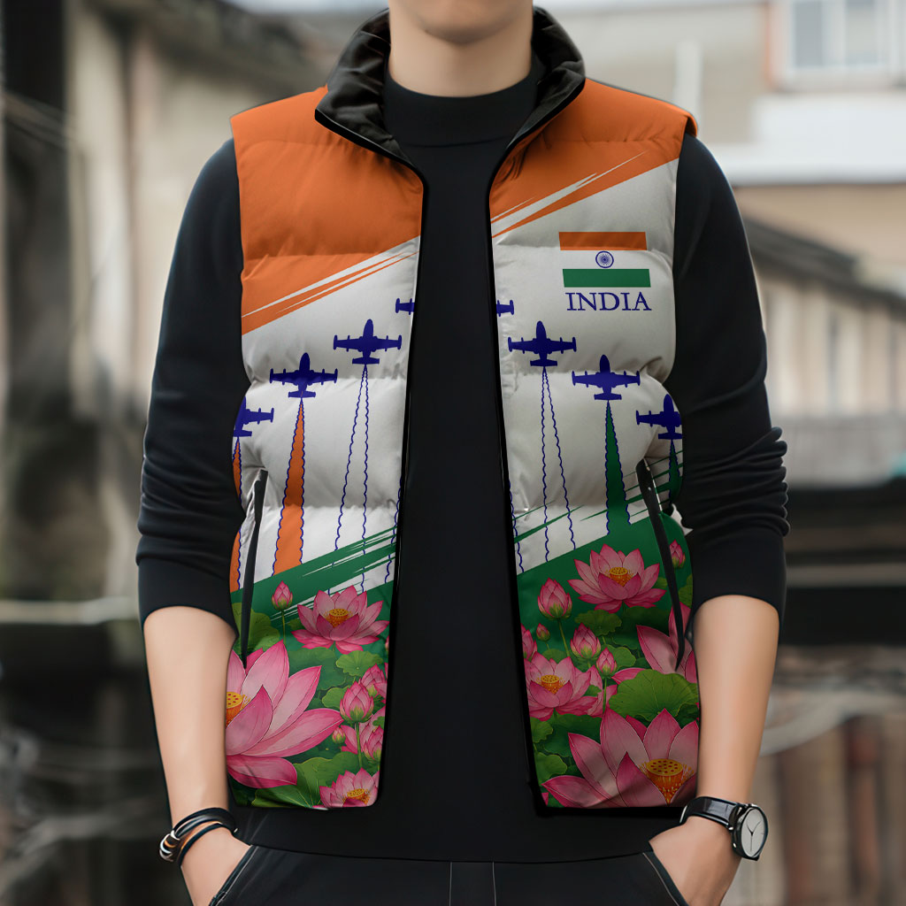 India Flag Sleeveless Puffer Jacket Jet Flypast Ashoka Chakra Lotus Vibrant Patriotic Tricolor