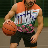 India Flag Sleeveless Zip Hoodie Jet Flypast Ashoka Chakra Lotus Vibrant Patriotic Tricolor
