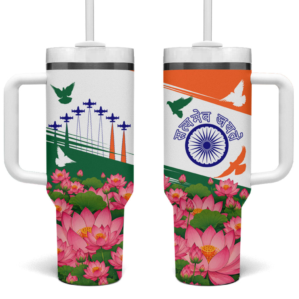 India Flag Tumbler With Handle Jet Flypast Ashoka Chakra Lotus Vibrant Patriotic Tricolor