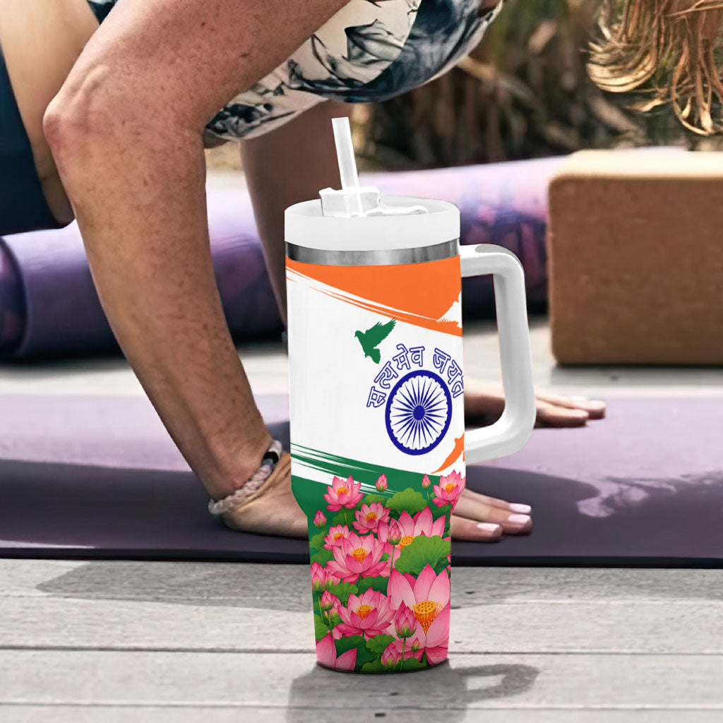 India Flag Tumbler With Handle Jet Flypast Ashoka Chakra Lotus Vibrant Patriotic Tricolor