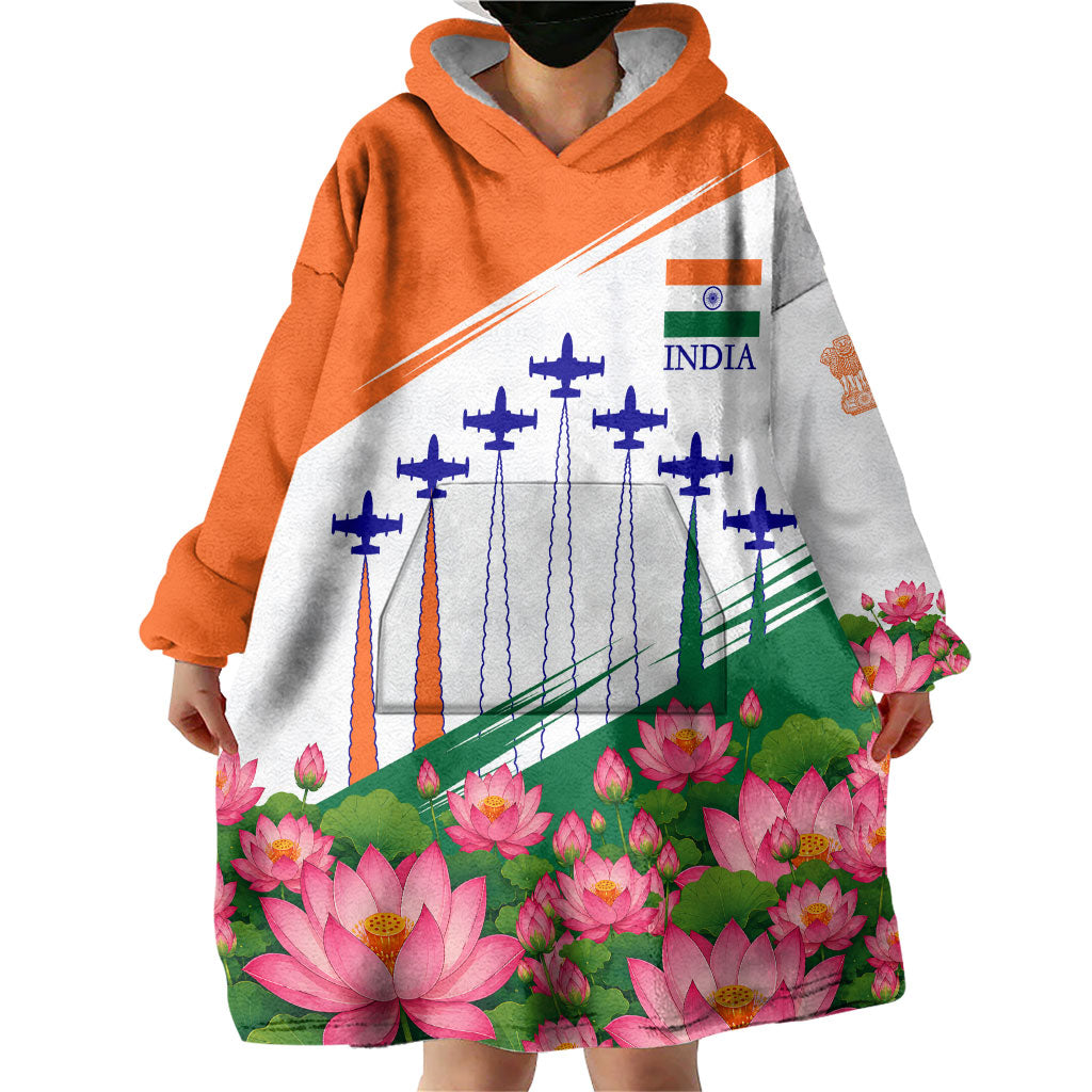 India Flag Wearable Blanket Hoodie Jet Flypast Ashoka Chakra Lotus Vibrant Patriotic Tricolor