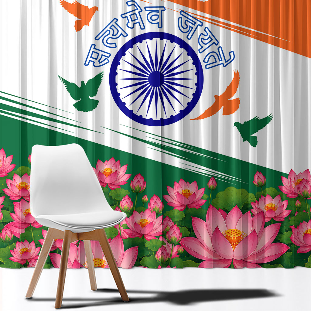 India Flag Window Curtain Jet Flypast Ashoka Chakra Lotus Vibrant Patriotic Tricolor