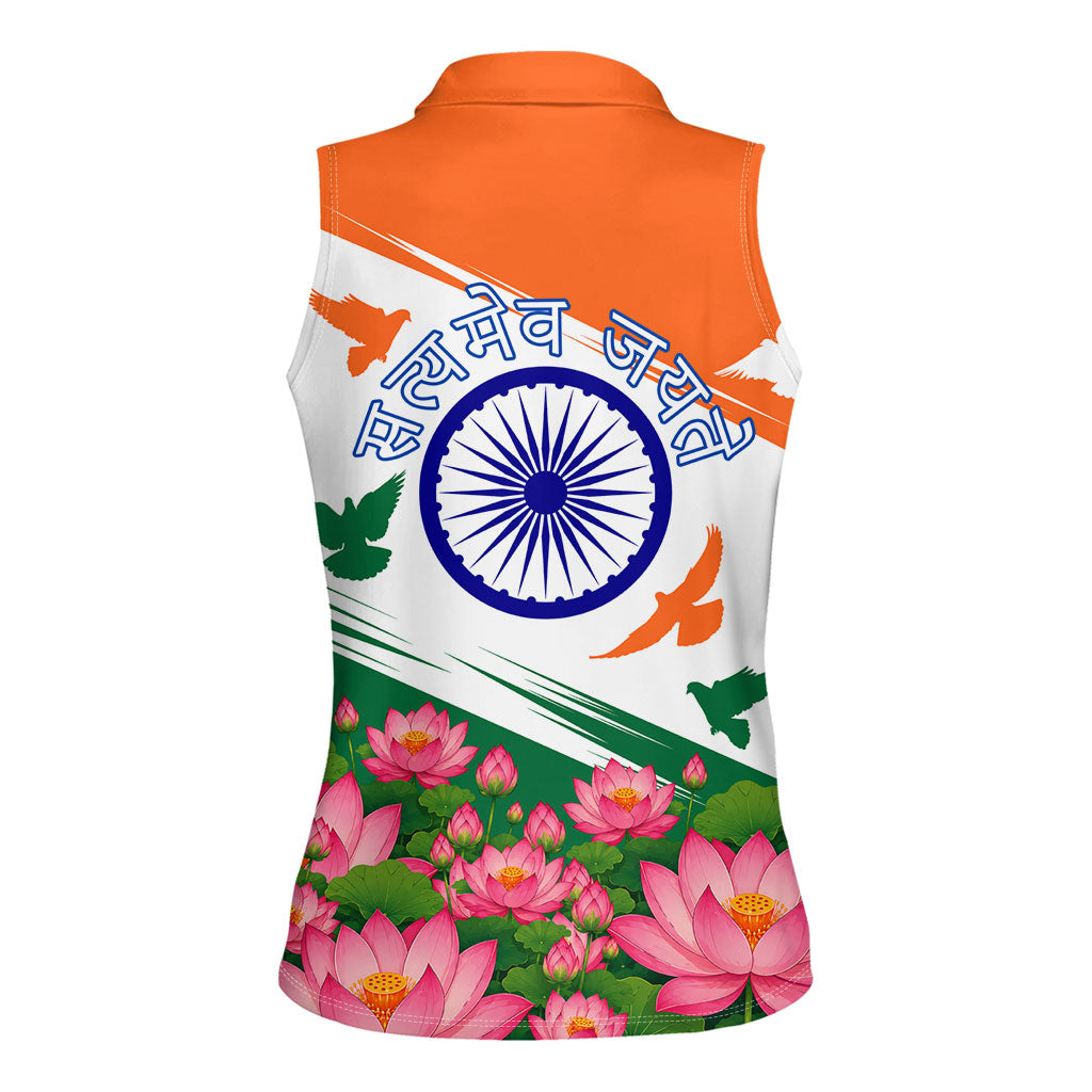 India Flag Women Sleeveless Polo Shirt Jet Flypast Ashoka Chakra Lotus Vibrant Patriotic Tricolor