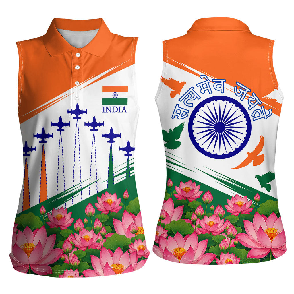 India Flag Women Sleeveless Polo Shirt Jet Flypast Ashoka Chakra Lotus Vibrant Patriotic Tricolor