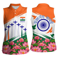 India Flag Women Sleeveless Polo Shirt Jet Flypast Ashoka Chakra Lotus Vibrant Patriotic Tricolor