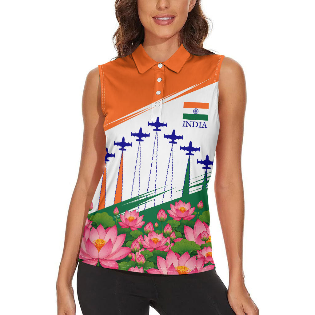 India Flag Women Sleeveless Polo Shirt Jet Flypast Ashoka Chakra Lotus Vibrant Patriotic Tricolor