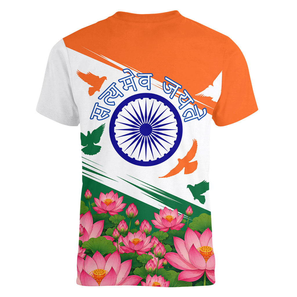 India Flag Women V-Neck T-Shirt Jet Flypast Ashoka Chakra Lotus Vibrant Patriotic Tricolor